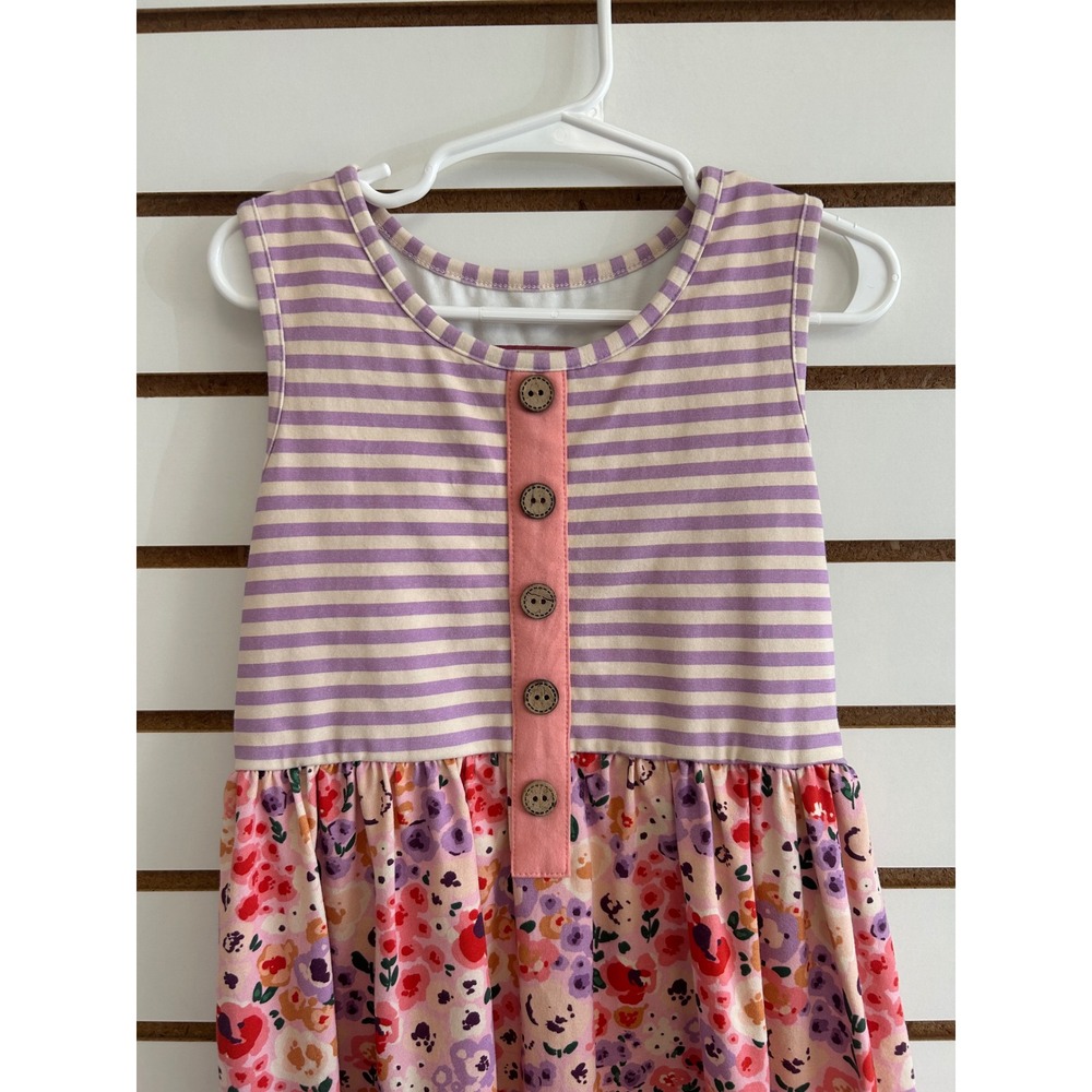 Cheeky Plum Girls 6Y Lavender Stripe Peach Floral Tiered Lace Dress Kids - Picture 2 of 5